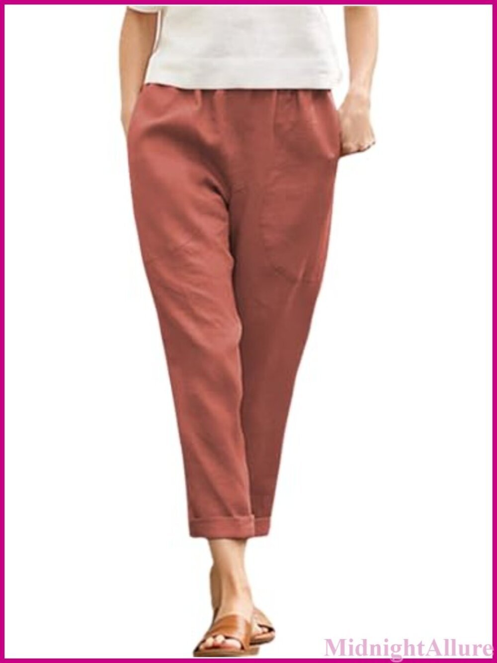 Womens Cotton Tapered Capri Cargo Pants Loose Elastic Waist Cropped Trousers